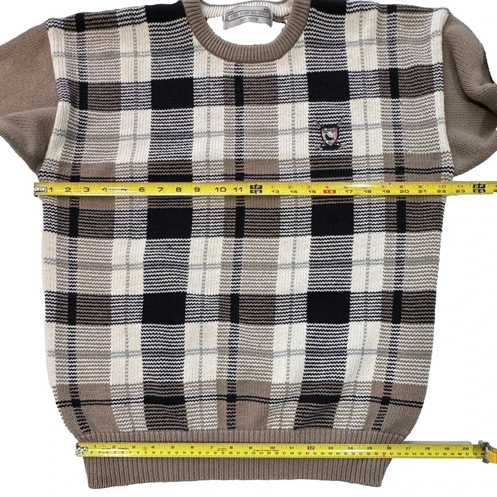 JOHN ASHFORD GOLF Men's Crew Neck Sweater Medium‎ Plaid Tan Preppy Golfer